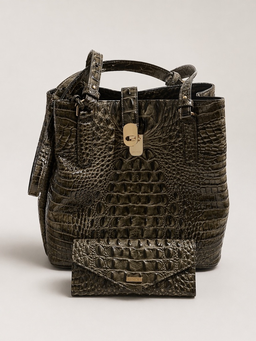 Brahmin Olive Green Croc-Embossed Tote with Matching Wallet